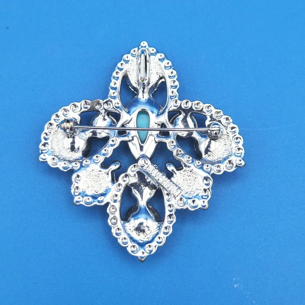 Vintage Sarah Coventry Silver Tone Turquoise Imperial Cross, Fleur-de-Lis Pin